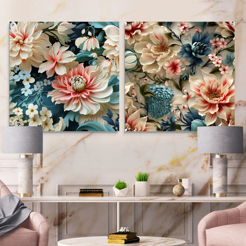 Rose et blanc motif cachemire de jardin - Ensemble abstrait d'art mural en acrylique sur verre, H 16 po x l 33 po