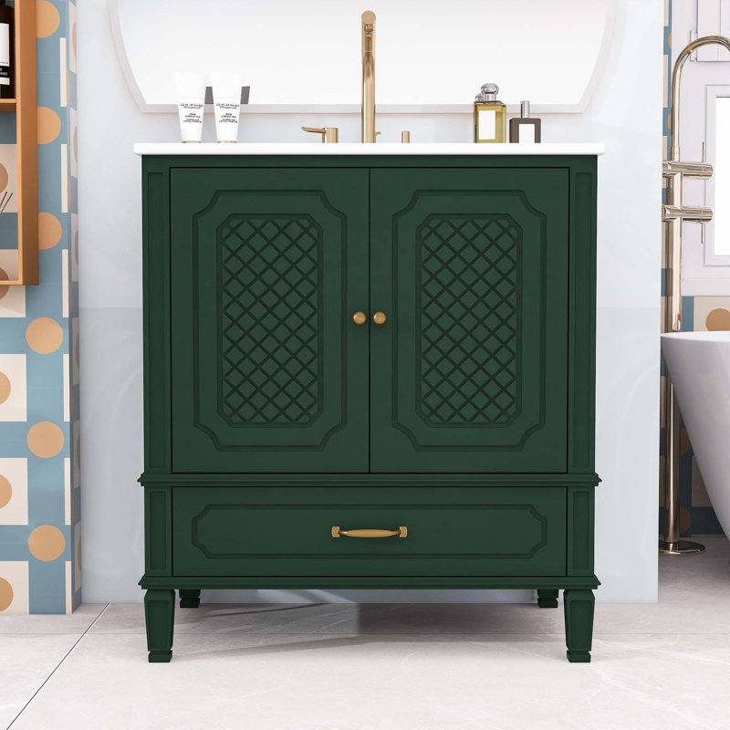 Meuble-lavabo de salle de bain avec lavabo, tablette de porte et porte à fermeture douce, Vert foncé