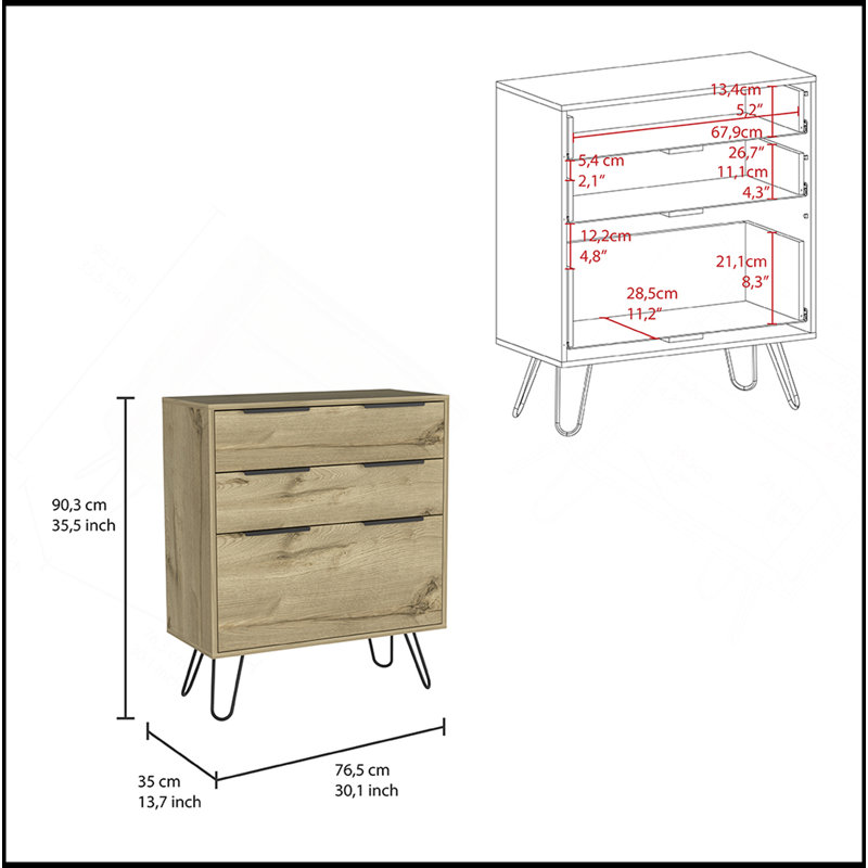 Commode à tiroirs Hartly, chambre à coucher, chêne clair