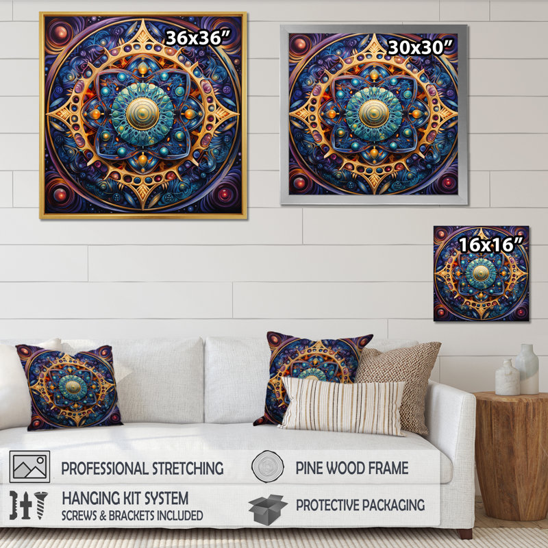 «Retro Gold Floral Mandala Magic», reproduction sur toile encadrée, Cadre naturel flottant, H 16 po x l 16 po x P 1 po