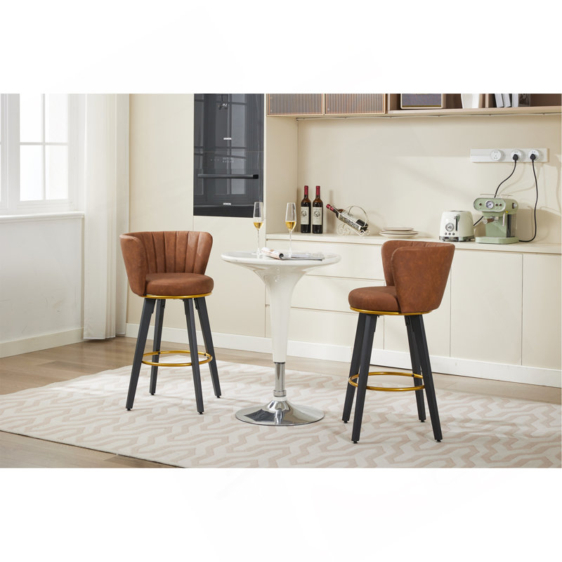 Counter Height Bar Stools Set Of 2, 360° Swivel Upholstered Barstools With Backs And Metal Legs, 26" H Seat Height, Velvet Fabric,Goldy Footrest  (BROWN)