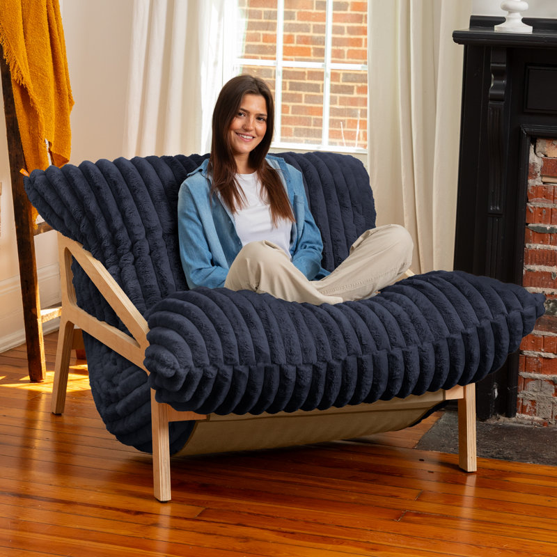 Pillow Saxx Dream Lounger With Wood Frame - 3-In-1 Bean Bag Accent Chair, Recliner & Sleeper Mondo Fur Midnight Blue, Blue