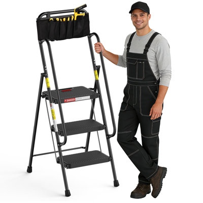 3 Step Ladder with Handrails, Folding Step Stool with Attachable Tool Bag & Anti-Slip Wide Pedal for Home Kitchen Pantry Office, 500lbs Capacity, Black