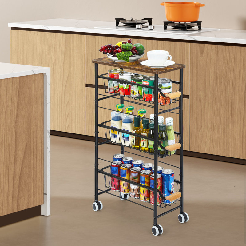 Chariot de cuisine à 4 niveaux avec plateau en bois et paniers grillagés, support de rangement mobile de 30,1 po