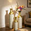 Ensemble de 3 vases de sol décoratifs en métal, motif feuille d'or et blanc antique