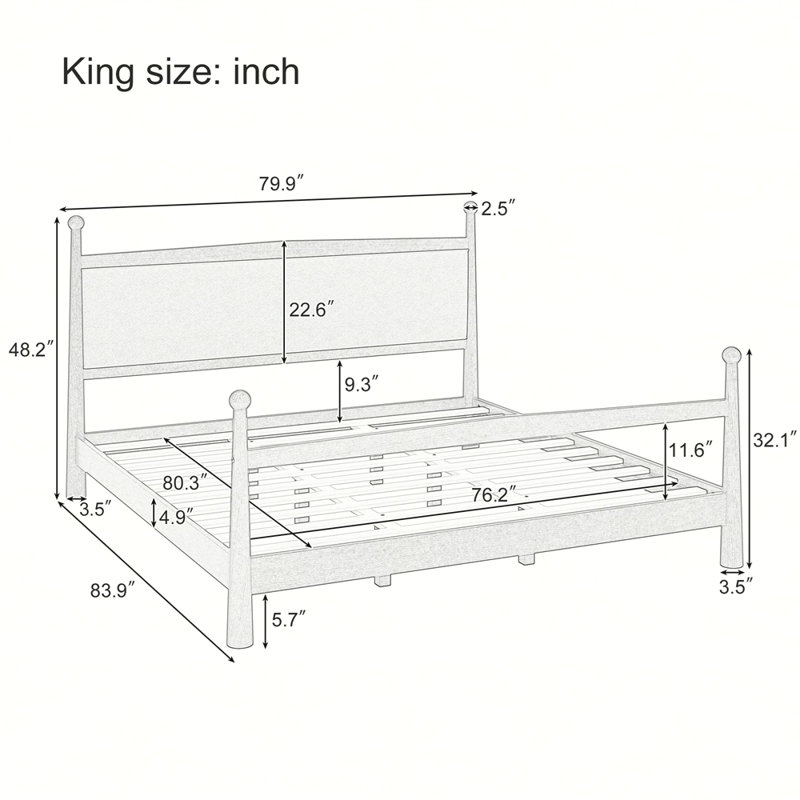 Mid-Century Modern Solid Pine Wood Platform Bed with Upholstered Headboard in Boucle, No Box Spring Needed, Natural, King