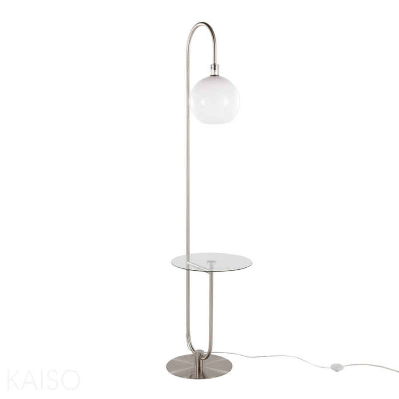Lampe sur pied trombone contemporaine en métal nickelé avec tablette en verre transparent