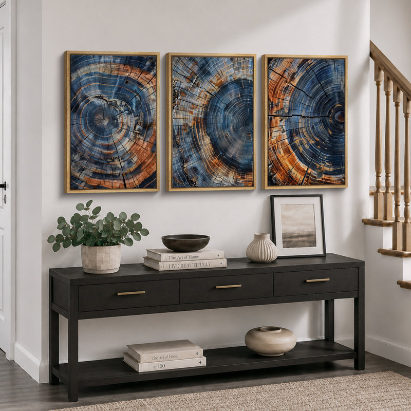Anneau d'arbre «Œuvre de souche en bois brun marine foncé, photos de cabane de ferme rustique rétro, art mural impression numérique sur toile 3 pièces»  