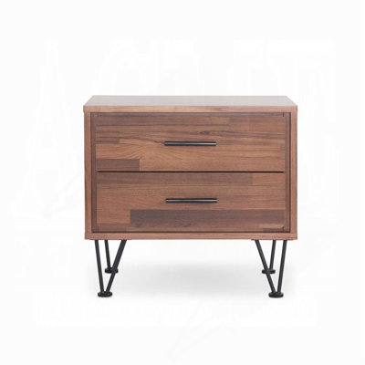 2 Drawers Nightstand With Metal Legs, Walnut