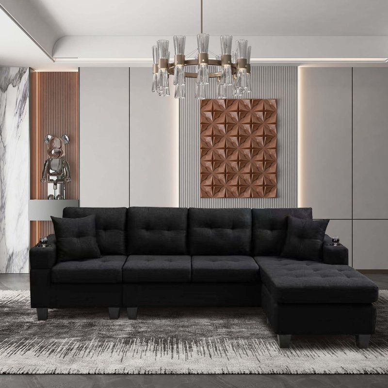 Domela 96.1'' Upholstered Sofa, Black Fabric, Right Facing