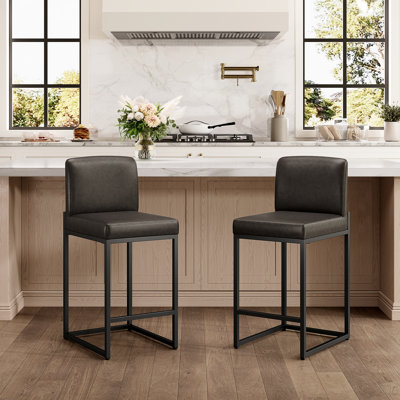 24" Modern Upholstered Kitchen Counter Stool with Black Metal Sled Base & Dark Taupe Faux Leather (Set of 2)