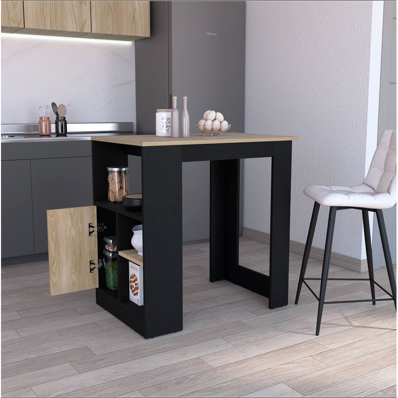 Kitchen Island with 1-Door Cabinet Push to open System and Side Shelves, Black, Black, Wood, 36" H x 37" W x 24" D