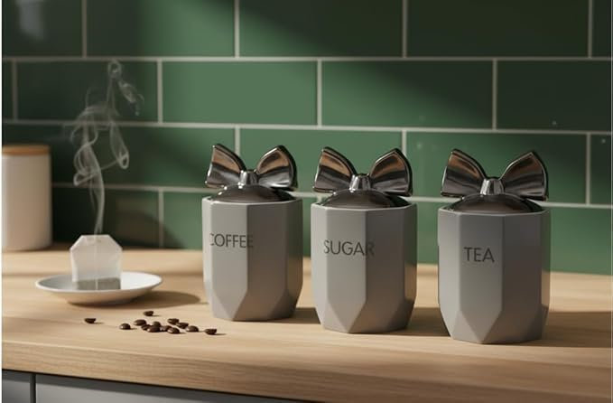Set Of 3 Jars Silver Bow Lid Kitchen Canister Jar For Tea Coffee Sugar Storage Pots Marble Effect Home Decor Dining Table Eye-Catching Glamorous Design (GREY)
