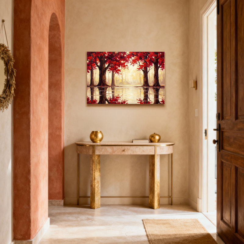 Tableau sur toile tendue représentant des arbres rouges d'automne, idéal pour décorer le salon, la chambre à coucher ou la maison.