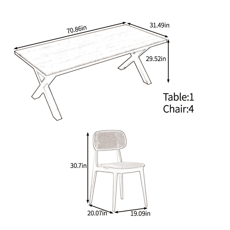 Nature's choice of solid wood table set, 29.52"H x 70.86"L x 31.49"W