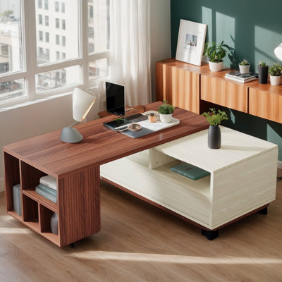 Table basse extensible avec 2 tiroirs de rangement et plateau réversible à double face, table d'appoint centrale convertible moderne pour le salon