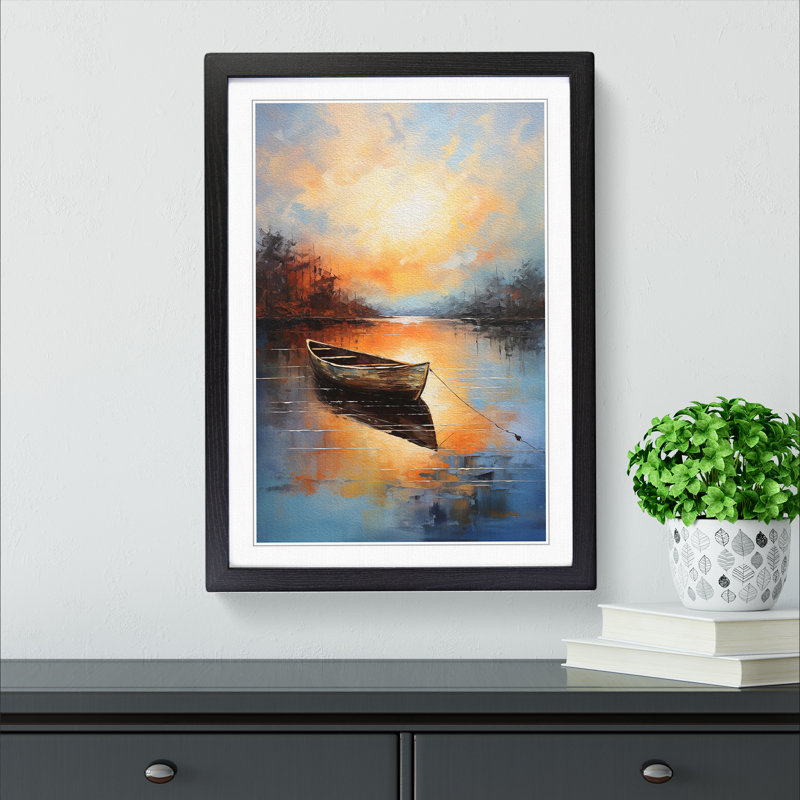 Boat on a Lake Action Painting - Framed Print, 46cm H x 34cm W x 2cm D, Black Framed