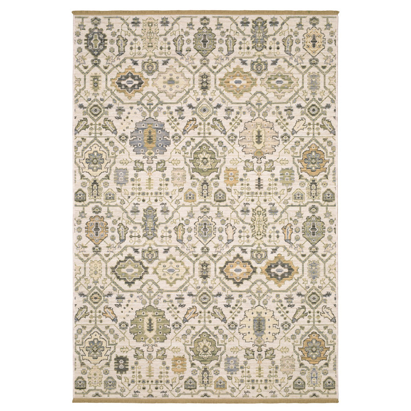 Tapis ivoire / doré en laine Kuad Old World Nomadic, Rectangle 6 pi 7 po x 9 pi 6 po