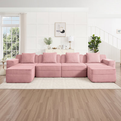 Modular 4 Seat U Shape Sectional Boneless Sofa, Cloud Sectional Couch With Deep Seat, Modern Modular 4-Seat Sofa Couch With Throw Pillows And 2 Movable Ottomans, Corduroy Fabric Pink