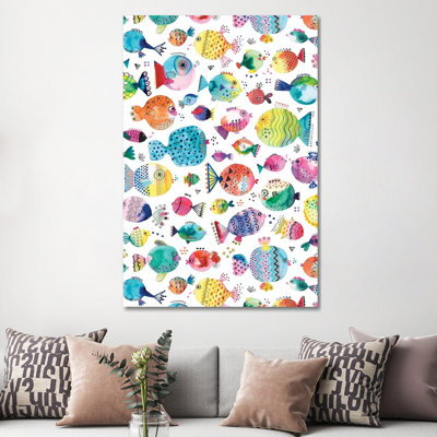 Cute Puffer Fishes Watercolor Multi by Ninola Design - Wrapped Canvas Painting