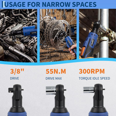 12V Wireless Electric Ratchet Wrench Socket Set, 3/8 in Drive, 45 N·m Torque, 0-300 RPM, LED Work Light, Forward/Reverse, Right Angle Head, 2x 2000mAh Batteries, Wired Charger