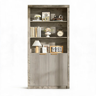 Modern Farmhouse Tall Bookcase with Doors, 31.5" Wide 71" High 5‑Tier Bookshelf, Wood Storage Cabinet with Adjustable Top Shelf for Living Room and Home Office