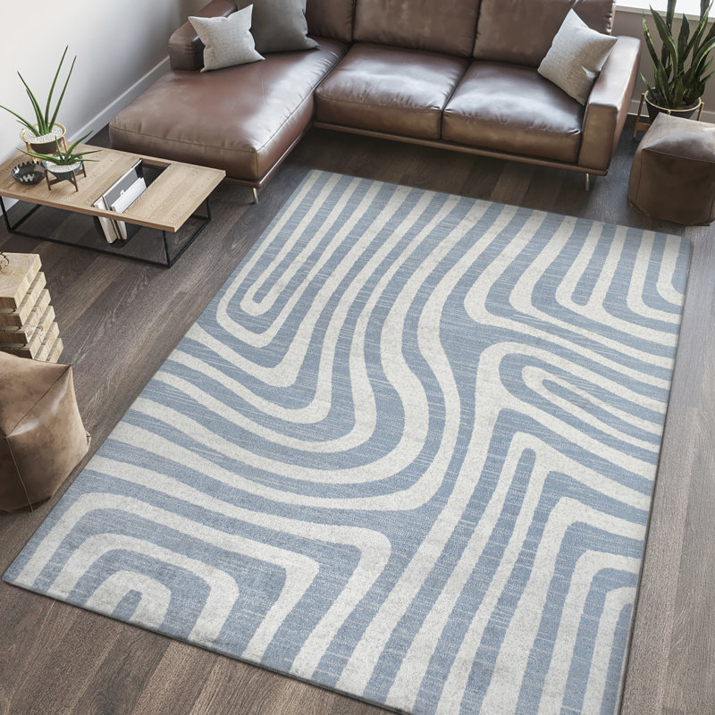 Jossa Abstract Two-Tone Low-Pile Machine-Washable Blue/Cream Rug, Rectangle 5'3" x 7'7"