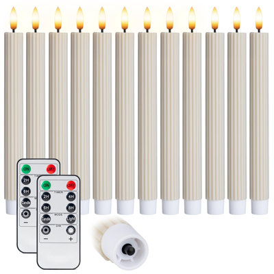 Fluted Ribbed Grooved LED Flameless Taper Candles, Remote, On/Off Button, Battery Operated, 12 Pack