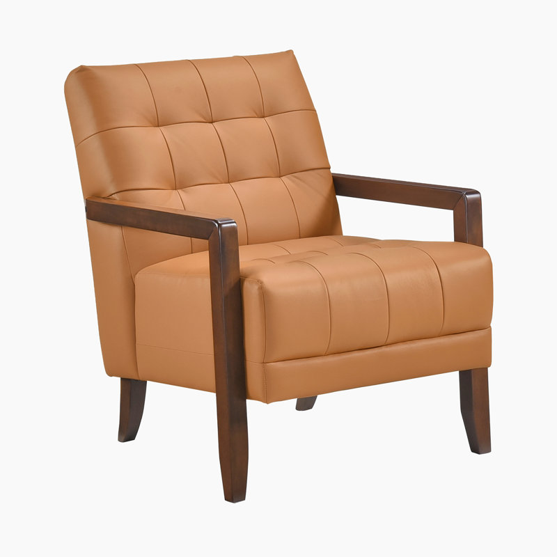 Velsen 26" Mid-Century Modern Accent Chair with Top Grain Leather, Solid Wood Arms, High-Density Foam over Pocket Coils