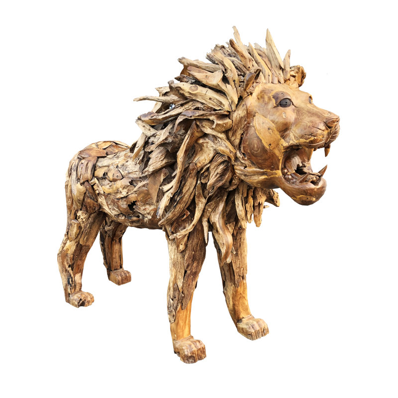 Majestic Driftwood Teak Lion Garden Statue