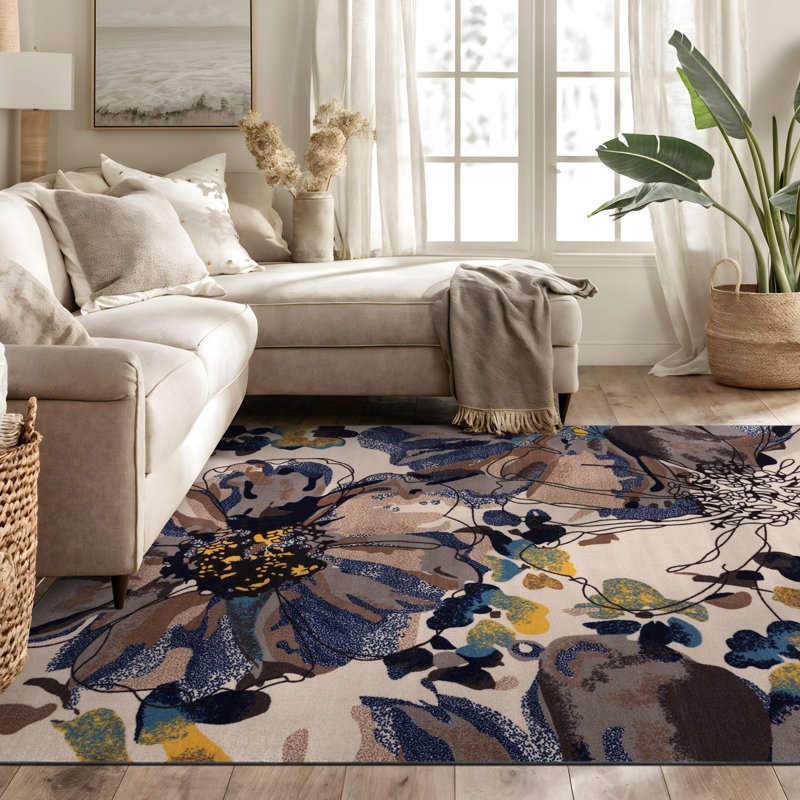 Dichiera Floral Brown/Navy/Cream Area Rug, Rectangle 5'3" x 7'3"