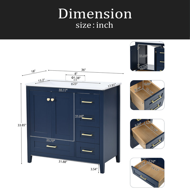 Ensemble de meuble-lavabo 36 po avec lavabo 36 po, armoire de salle de bain moderne à 4 tiroirs, ensemble de meuble-lavabo autoportant en bois avec pieds en bois massif, bleu