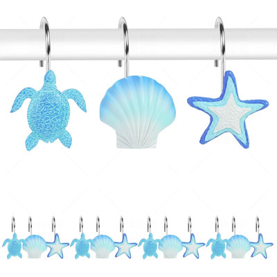 Starfish & Seashell &Turtle Beach Shower Curtain Hooks Set of 12, Decorative Coastal Ocean Shower Hooks with Rust-Resistant Metal Rings