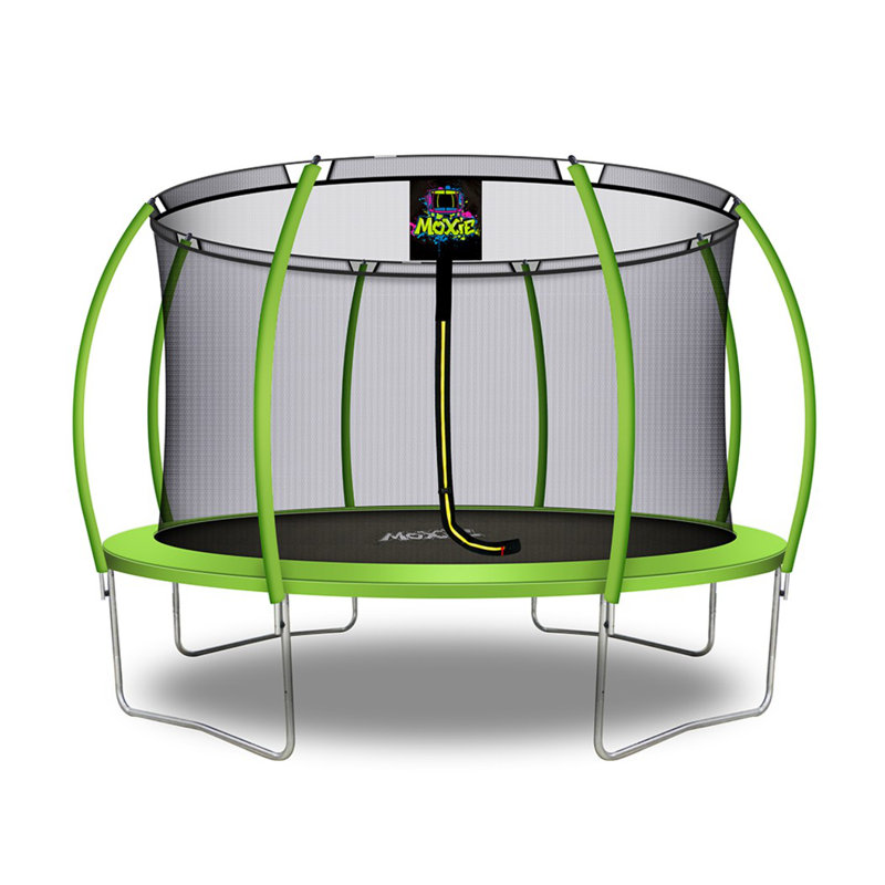 Moxie 12 FT Pumpkin-Shaped Outdoor Trampoline with Enclosure Set and with Safety Net, Mat, Pat, Green Apple