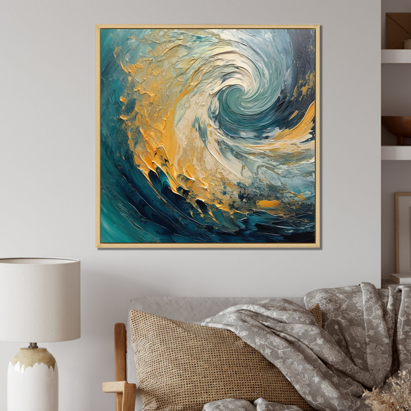 «Golden Ocean Spiral Waves», reproduction d'art abstrait en spirale, 16" H x 16" W, Cadre naturel flottant