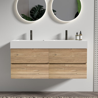 60'' Bathroom Vanity With Oak Engineered Quartz Sink And Soft Drawers, Wall Mounted Floating Bathroom Vanity