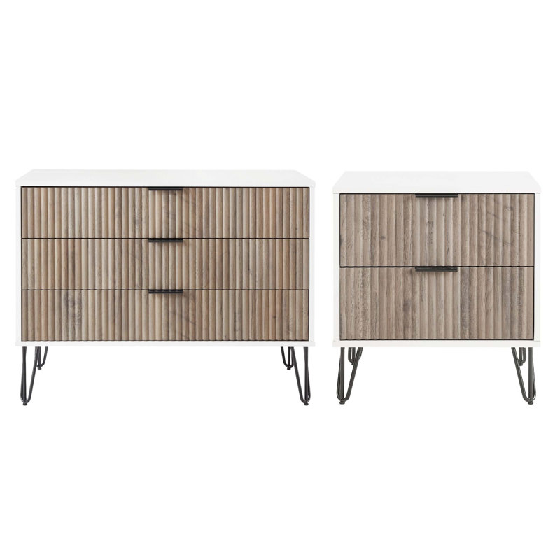 Ensemble de chambre à coucher moderne avec commode et table de chevet 2 pièces Dumbo, Blanc / gris