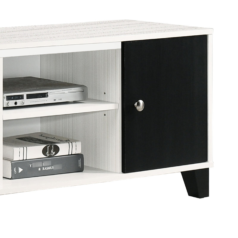 Meuble télé blanc avec détails noirs, tablette ouverte et compartiments latéraux dissimulés, style contemporain pour salon, largeur 39,6 cm (15,6 po), étagères décoratives.