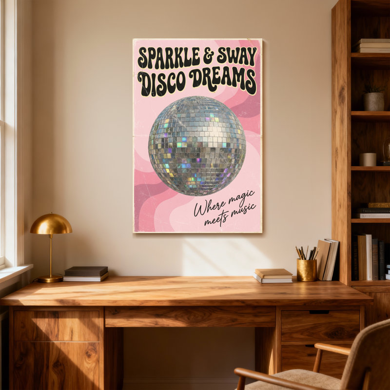 Mode, fond rose, boule disco, étincelle, musique magique, H 24 po x l 16 po