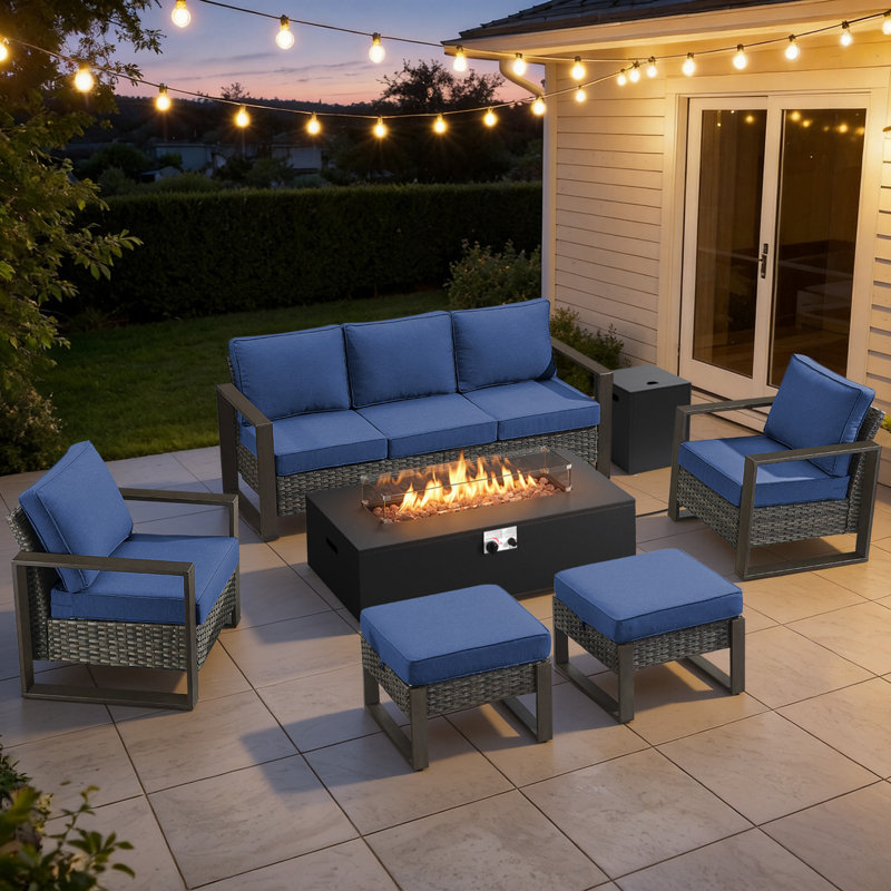Drazen 7 - Person Patio Furniture Set With Fire Pit Table, All-Weather Wicker Outdoor Conversation Set With Chair And Thick Cushions