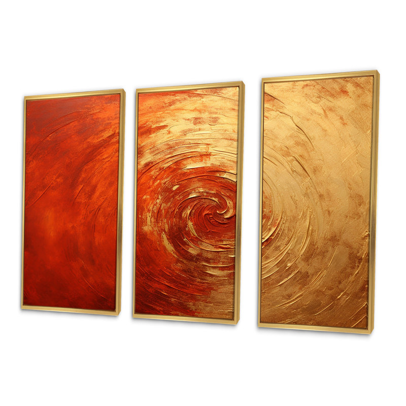 «Gold Red Sunset Vermillion Spiral», ensemble d'art sur toile à spirales abstraites, Cadre flottant doré