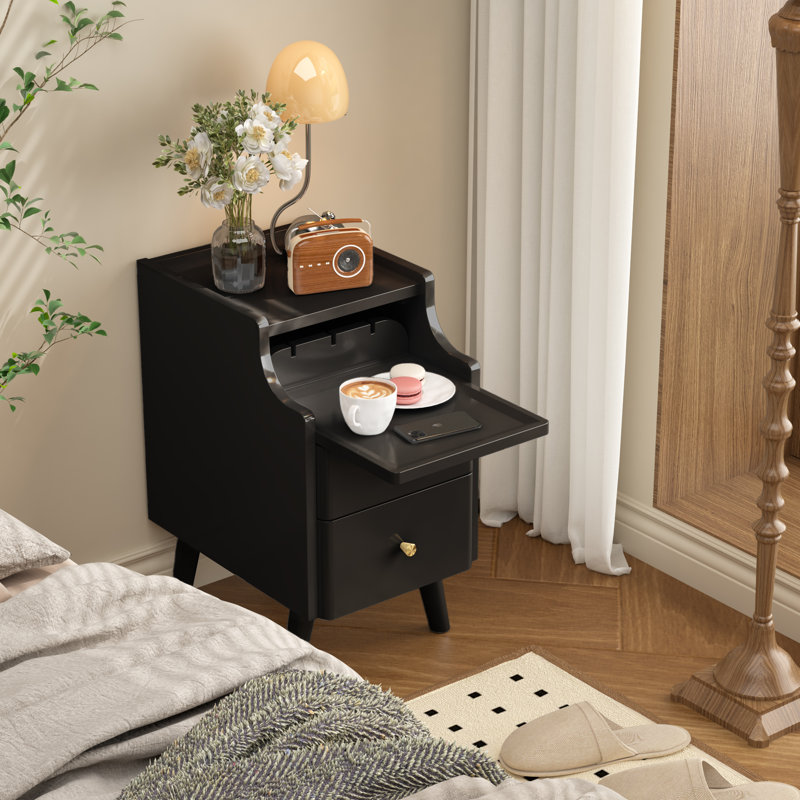 Narrow Bedside Table, Solid Wood Bedside Table With 2 Drawers, Walnut Medieval Modern Bedside Table, Small Bedside Table With Open Storage Rack In The Bedroom