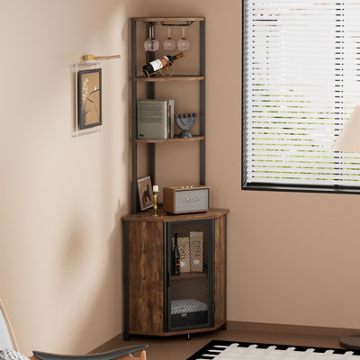 Pittard Corner Bar Cabinet with Wine Rack and Glass Holder, 5-Tier Corner Bookshelf with Doors, Rustic Wood and Metal Liquor Cabinet for Living Room o by Trent Austin Design