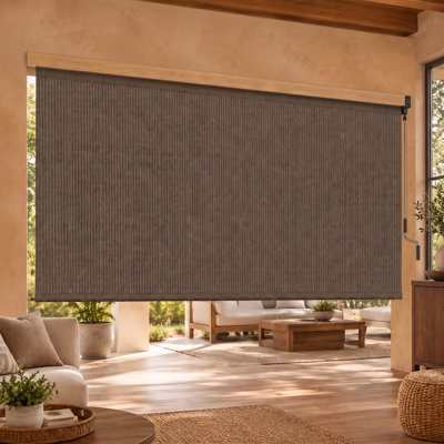 Store extérieur sans fil pour terrasse, mesurant 12 pieds de large x 8 pieds de haut et 144 pouces, utilisant un tissu monobloc comme écran d'intimité pour porche avec blocage UV à 95 % et fonctionnement enroulable.