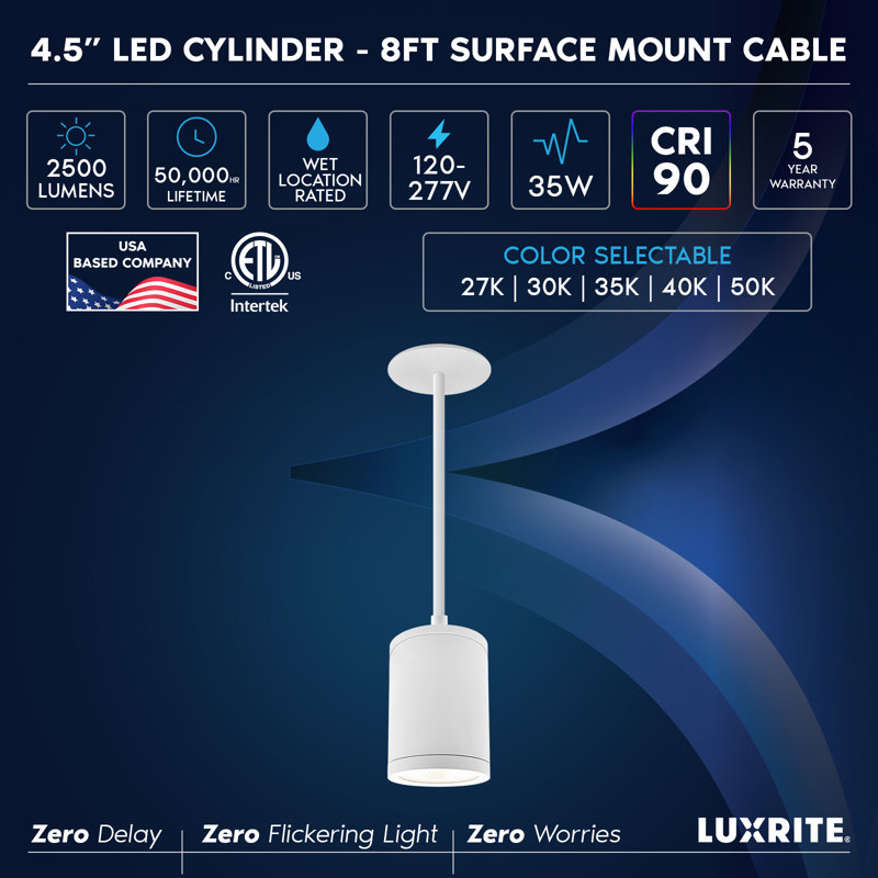  4.5 In. LED Cylinder Pendant Light with 8FT Surface Mount, 5CCT 2700K-5000K, 2500LM, 35W, CRI90, Dual Dimmable, Wet & IC Rated, ETL, Black
