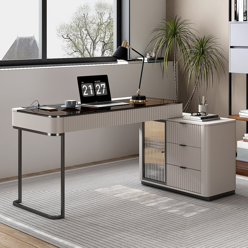 L-Shaped Computer Desk , 29.5" H x 53.1" W x 23" D, Beige/Grey