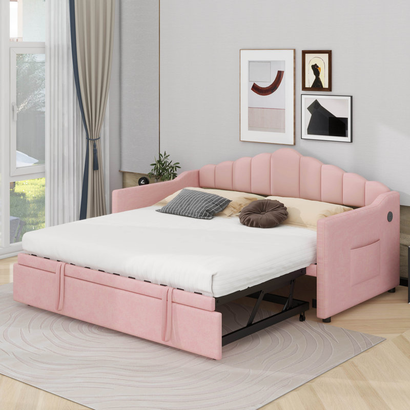 Upholstered Twin Size Daybed With Adjustable Height Pop Up Trundle, Pink