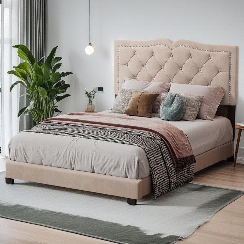 Lit plateforme moderne en velours avec tête de lit capitonnée, Beige, Double