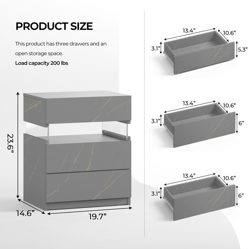 Gold and Gray Acrylic LED Nightstands with 3 Drawers
