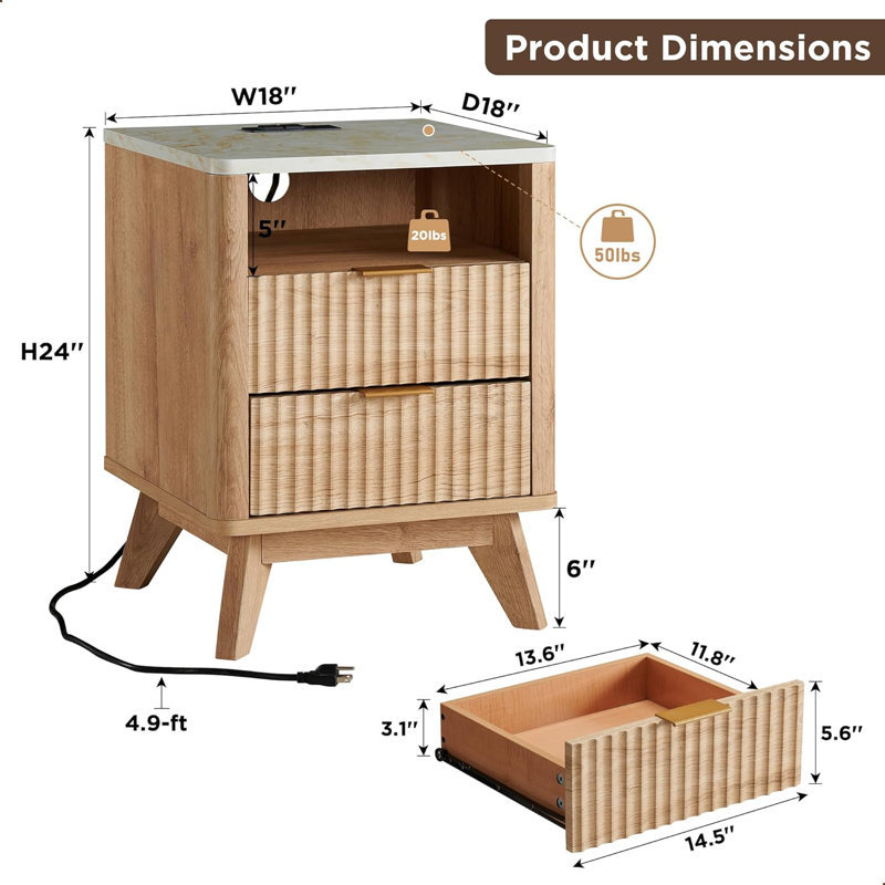 Hardester Vintage 2 - Drawer Nightstand with Charging Station, Bedside Table with Open Shelf, Tan